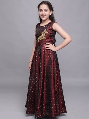 Maroon woven taffeta kids-girl-gowns 3