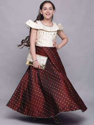 Maroon woven taffeta kids-girl-gowns 1