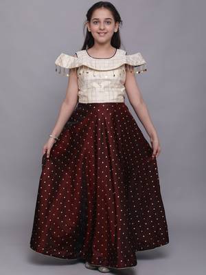 Maroon woven taffeta kids-girl-gowns 2