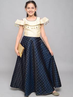Blue woven taffeta kids-girl-gowns 1