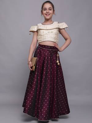 Beige woven taffeta girls-top-bottom 1