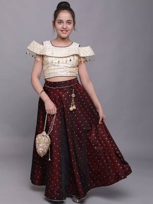 Beige woven taffeta girls-top-bottom 1