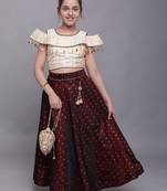 Beige woven taffeta girls-top-bottom