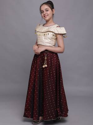 Beige woven taffeta girls-top-bottom 3