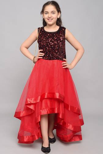Red embroidered velvet kids-girl-gowns