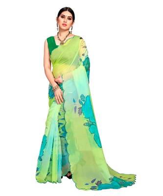 parrot green Organza saree with blouse piece 1