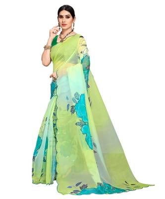 parrot green Organza saree with blouse piece 2