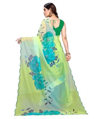 parrot green Organza saree with blouse piece 3