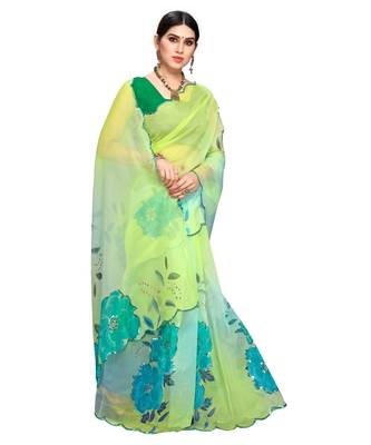 parrot green Organza saree with blouse piece 4