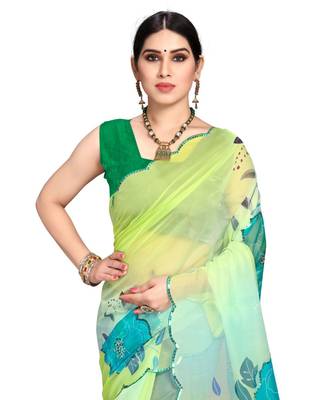 parrot green Organza saree with blouse piece 5