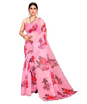Baby Pink Organza Saree With Blouse Piece 1