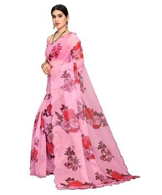 Baby Pink Organza Saree With Blouse Piece 2