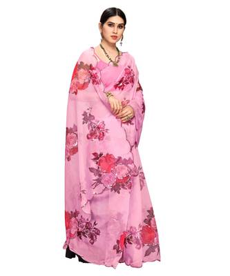 Baby Pink Organza Saree With Blouse Piece 4