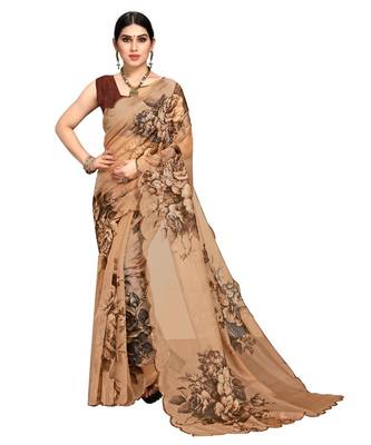 brown Organza saree with blouse piece 1