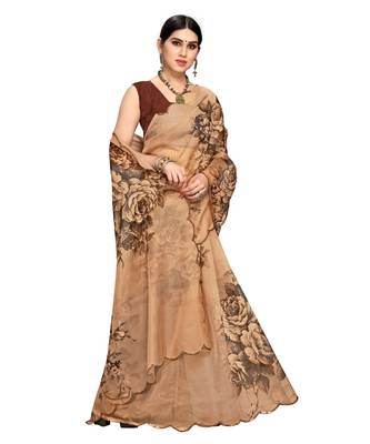 brown Organza saree with blouse piece 4