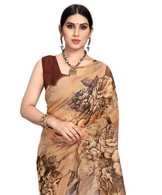 brown Organza saree with blouse piece 5