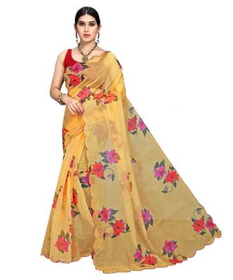 Yellow Organza Saree With Blouse Piece 1