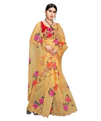 Yellow Organza Saree With Blouse Piece 4