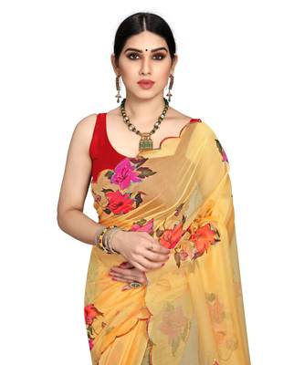 Yellow Organza Saree With Blouse Piece 5