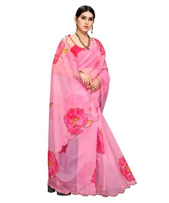baby pink organza saree with blouse piece 4
