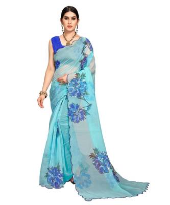 Sky Blue  Organza Saree With Blouse Piece 1