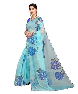 Sky Blue  Organza Saree With Blouse Piece 2