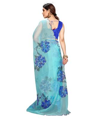Sky Blue  Organza Saree With Blouse Piece 3
