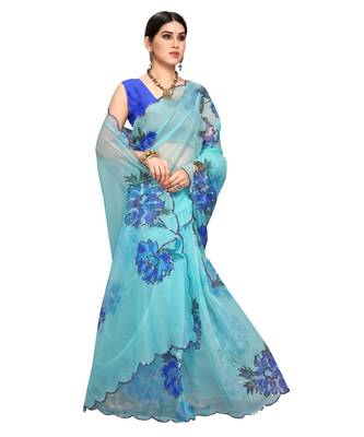 Sky Blue  Organza Saree With Blouse Piece 4