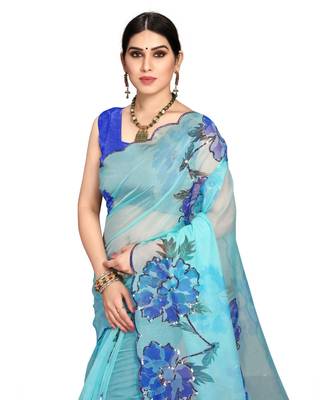 Sky Blue  Organza Saree With Blouse Piece 5