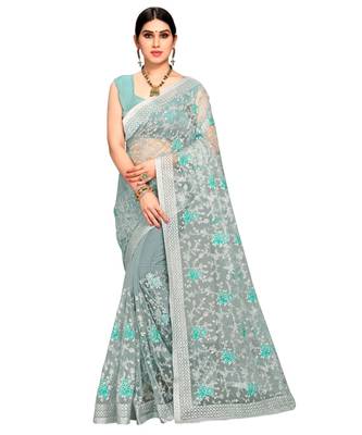 Sky Blue Super Net Saree With Blouse Piece 1