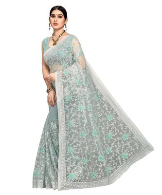 Sky Blue Super Net Saree With Blouse Piece 2