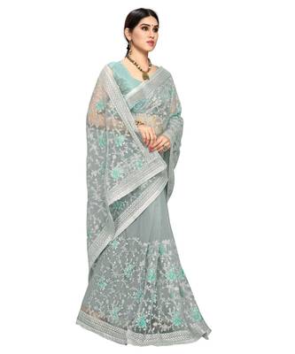 Sky Blue Super Net Saree With Blouse Piece 4