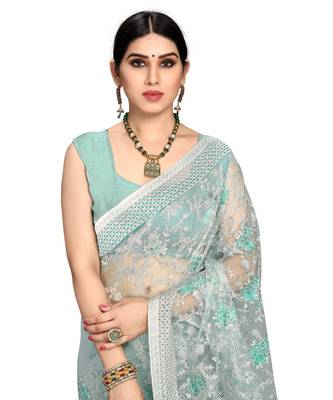 Sky Blue Super Net Saree With Blouse Piece 5