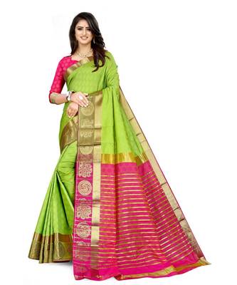 Parrot Green Soft Silk Blend Saree With Blouse Piece 1