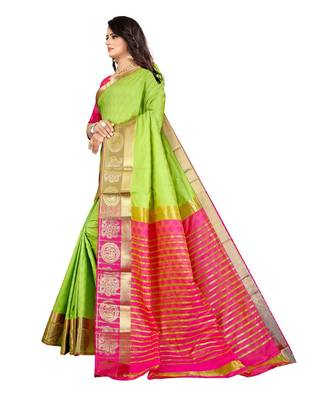 Parrot Green Soft Silk Blend Saree With Blouse Piece 2