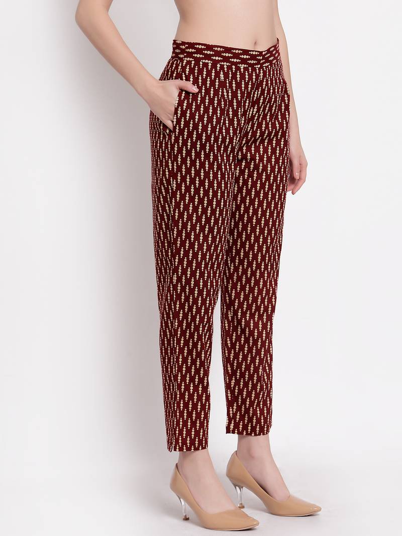 Maroon printed cotton trousers