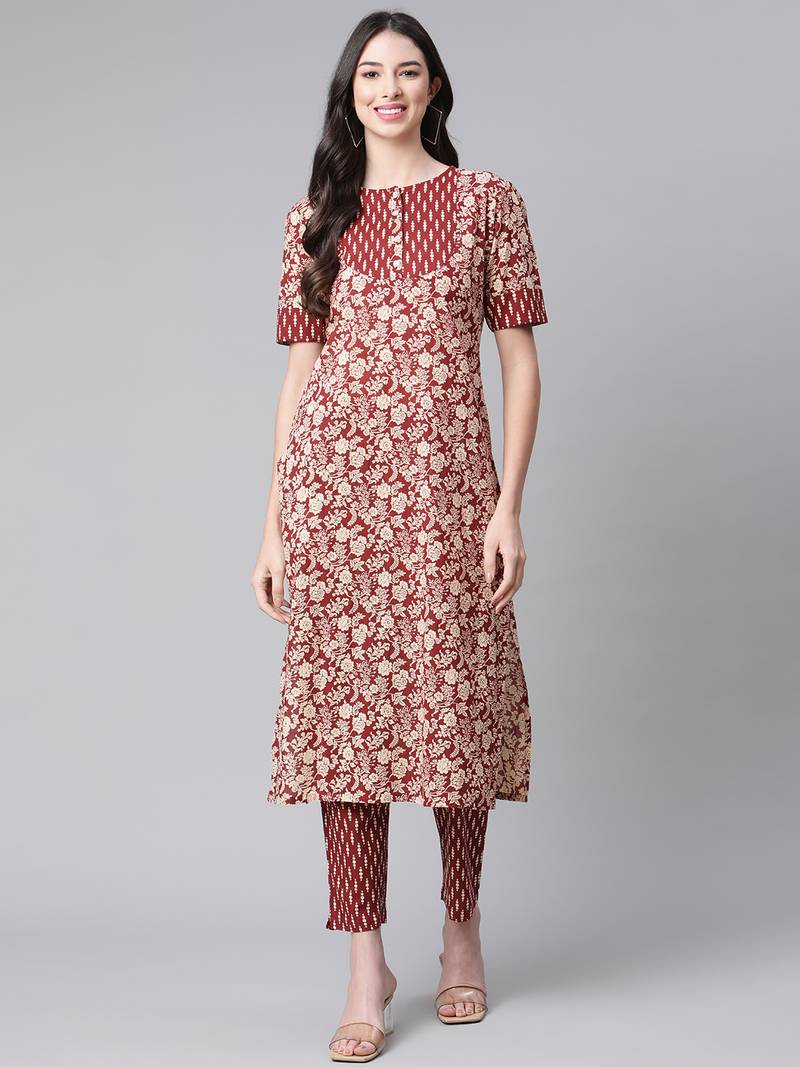 Maroon printed cotton trousers