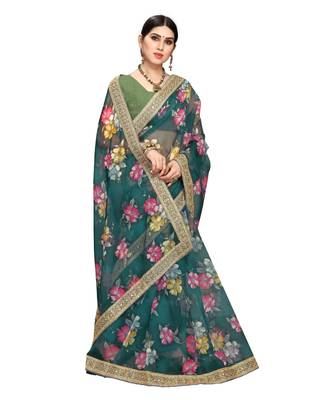 green organza saree with blouse piece 4