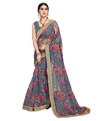 grey organza saree with blouse piece 1