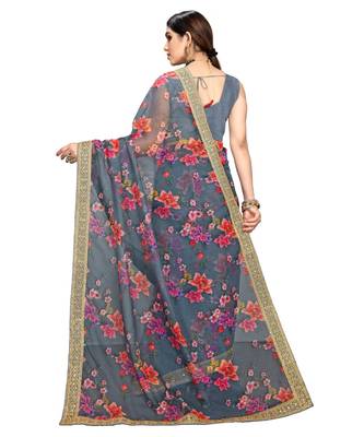grey organza saree with blouse piece 3