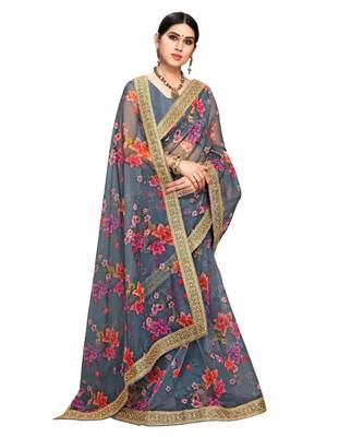 grey organza saree with blouse piece 4