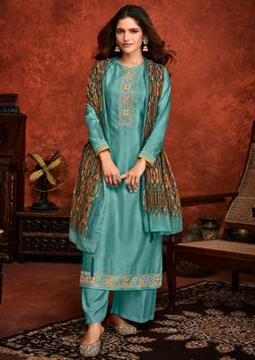 Light-sea-green embroidered silk salwar 1