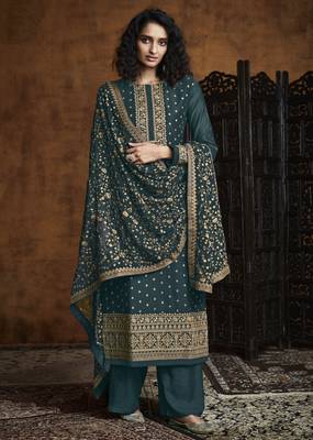 Teal embroidered faux georgette salwar 1