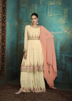 Cream embroidered faux georgette salwar 1