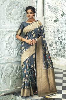 Grey woven banarasi silk saree with blouse