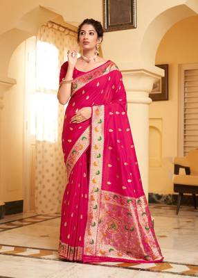 Rani pink woven banarasi silk saree with blouse 1