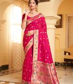 Rani pink woven banarasi silk saree with blouse