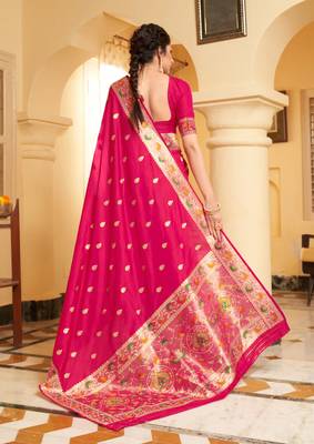 Rani pink woven banarasi silk saree with blouse 2
