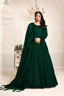 Dark-green embroidered net salwar
