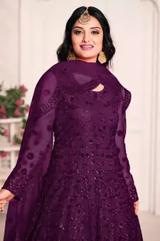 Dark-purple embroidered net salwar